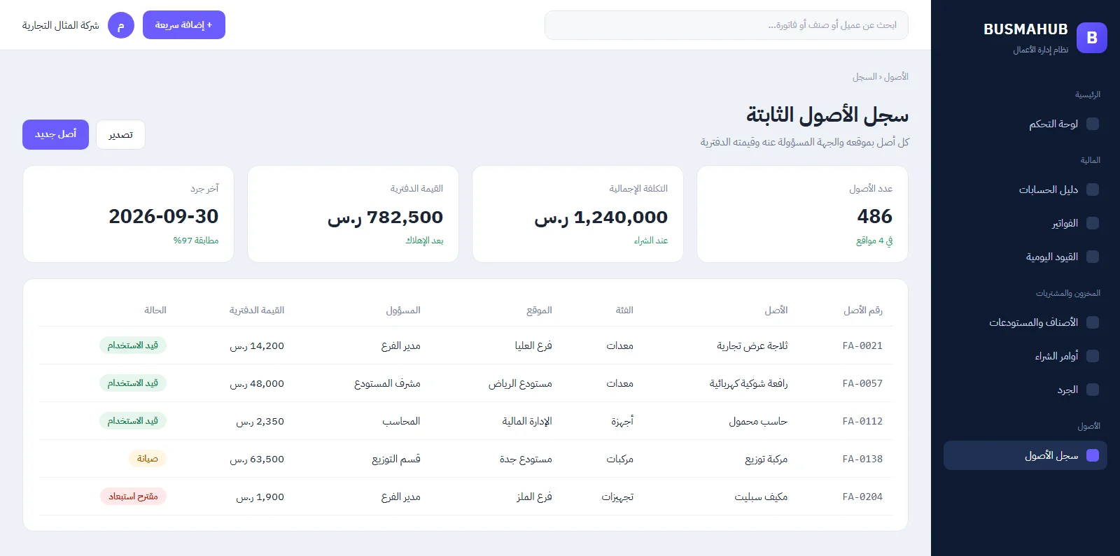 شاشة سجل الأصول الثابتة في BUSMAHUB