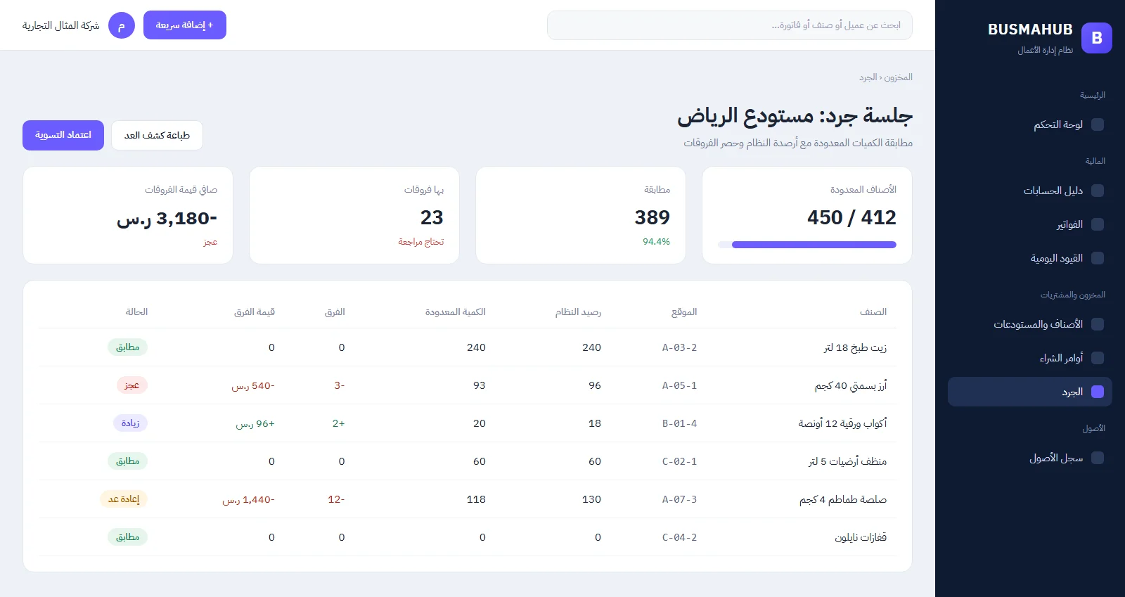 شاشة جلسة الجرد ومطابقة الكميات في BUSMAHUB