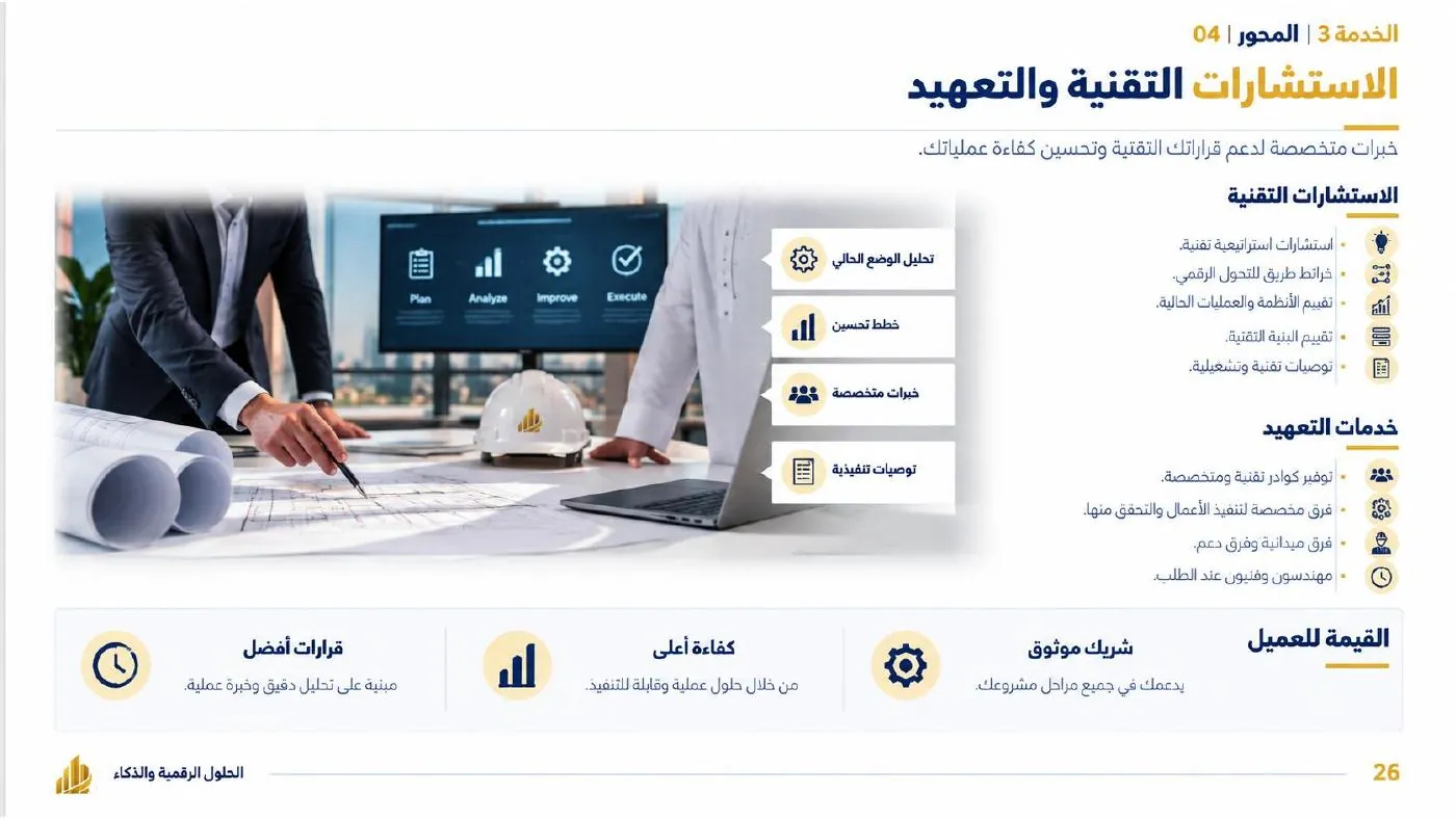 ملخص الاستشارات التقنية والتعهيد من الملف التعريفي للشركة